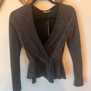 Bonnie Glitter surplice knit blouse; Francesca’s gold and silver glitter